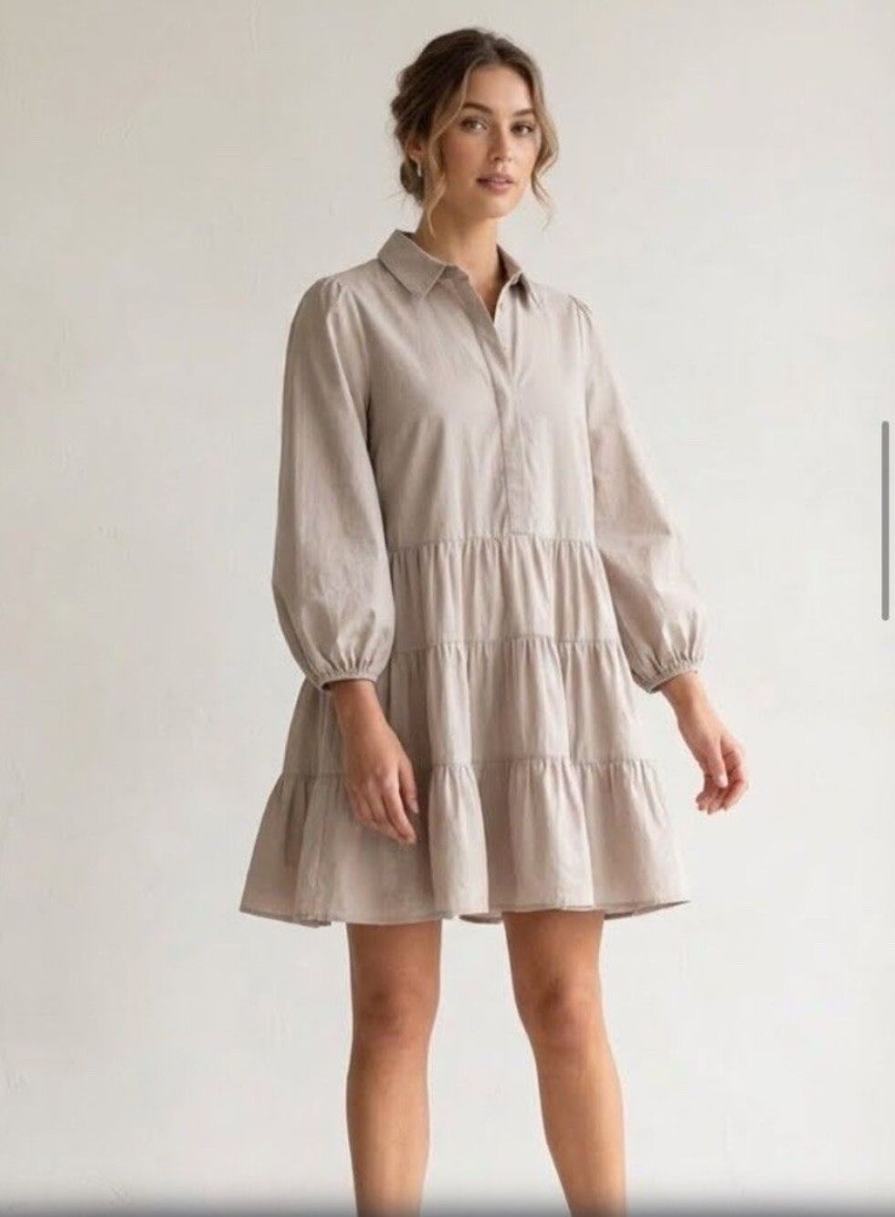 Pomander Place Tuckernuck Shirt Dress Large Beige Tiered Boho Prairie Resort